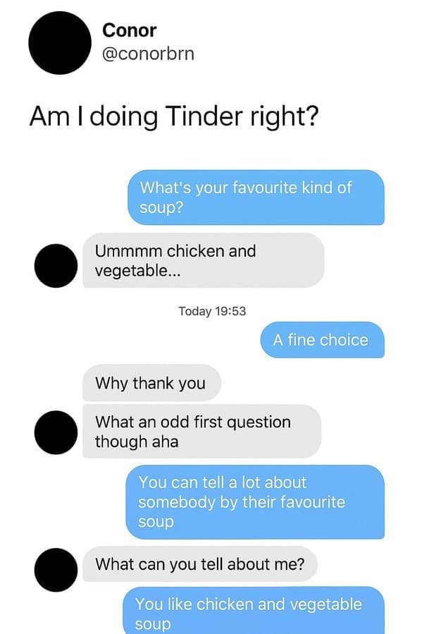 Tinder conversation joke about favorite soups.