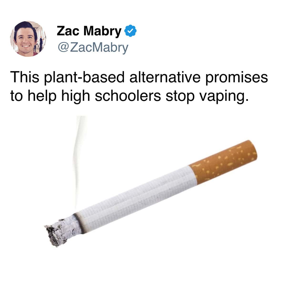 Tweet about plant-based alternative to stop vaping, featuring a cigarette.