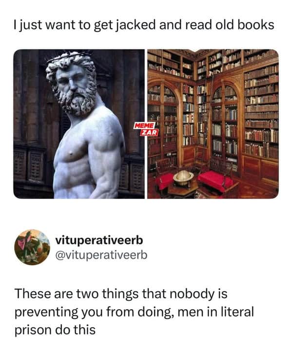 Tweet about wanting to get jacked and read books with a witty response.