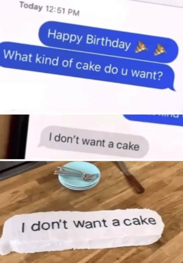 Birthday text conversation turned into a literal cake design.