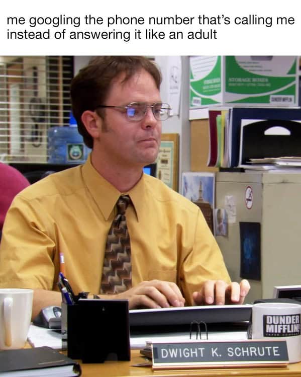 Dwight Schrute googling a phone number instead of answering it