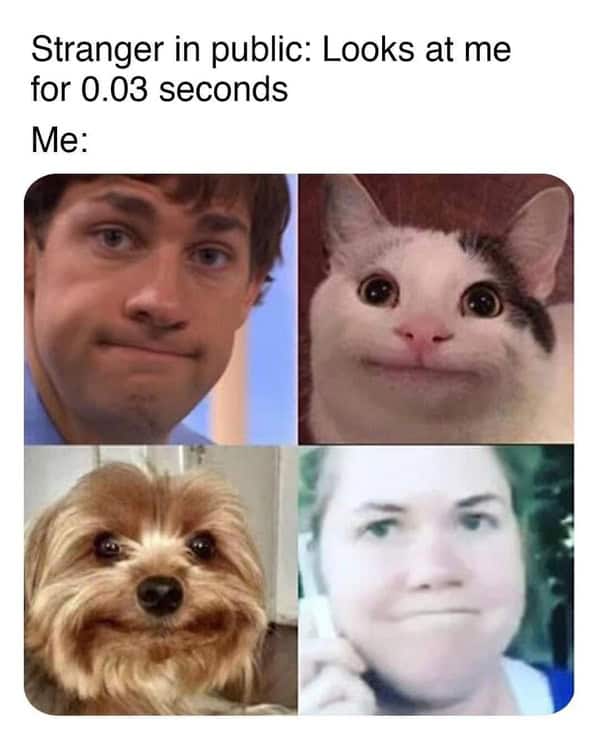 Meme of strangers looking at you and reacting with an awkward smile
