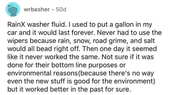 User recalls how RainX washer fluid used to work much better