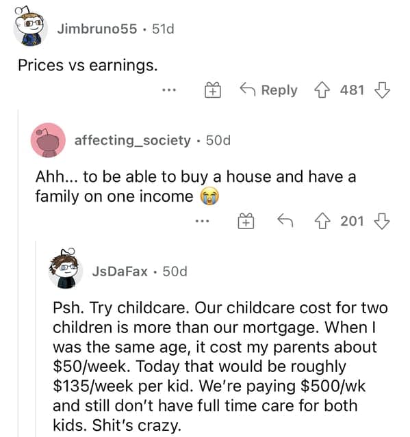 Commenters compare cost of living and childcare across generations