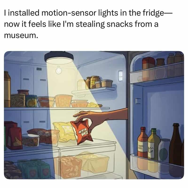 I installed motion-sensor lights in the fridge— now it feels like I'm stealing snacks from a museum.