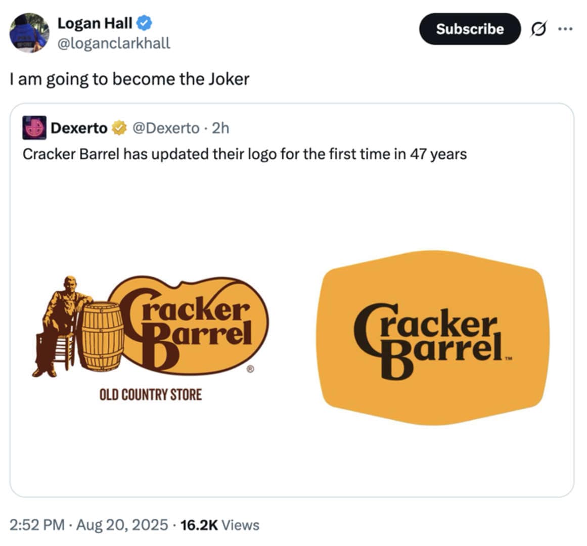 Tweet “I am going to become the Joker” quote-tweeting Cracker Barrel’s before vs after logos.