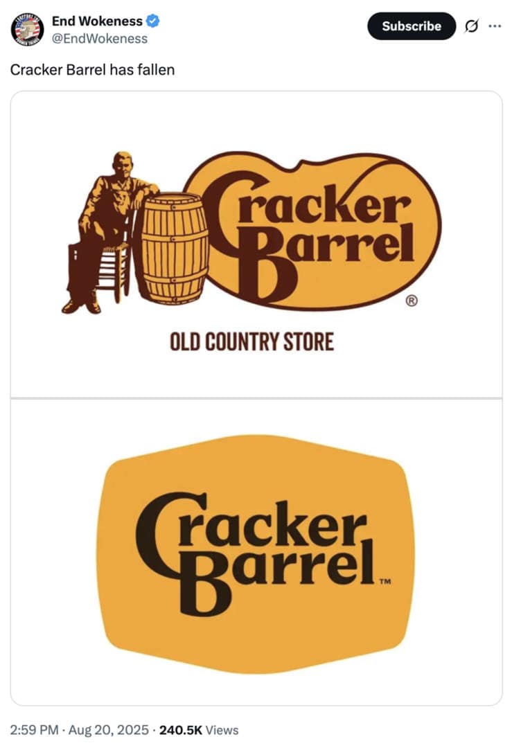 Cracker Barrel has fallen” tweet with vintage logo over new rounded badge logo.