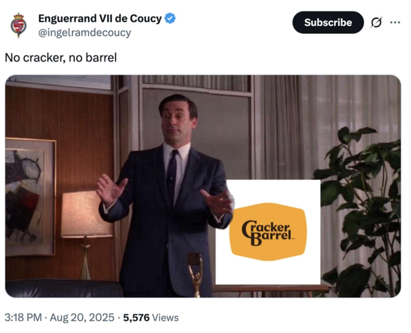 Cracker Barrel logo meme declaring the rebrand a fall from grace, contrasting the detailed original with the flat, modern redesign.