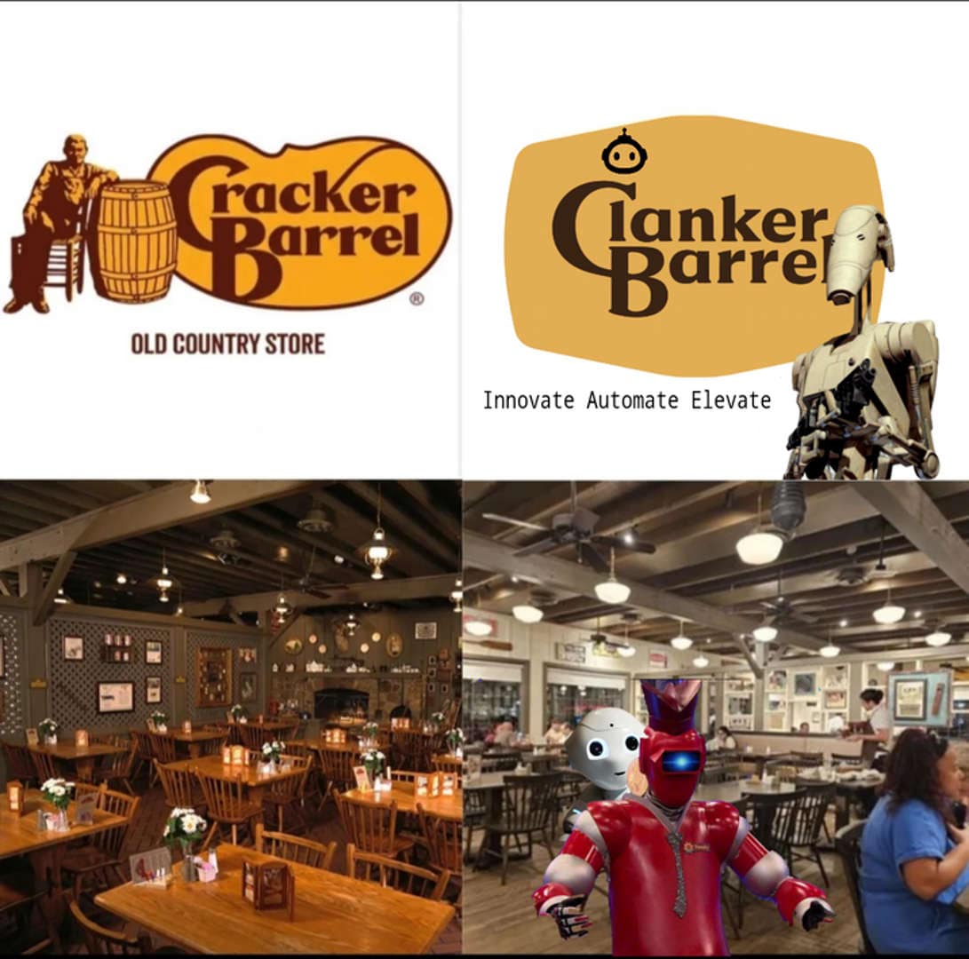 Parody “Clanker Barrel” robot version of the new logo; dining room edited with robots.
