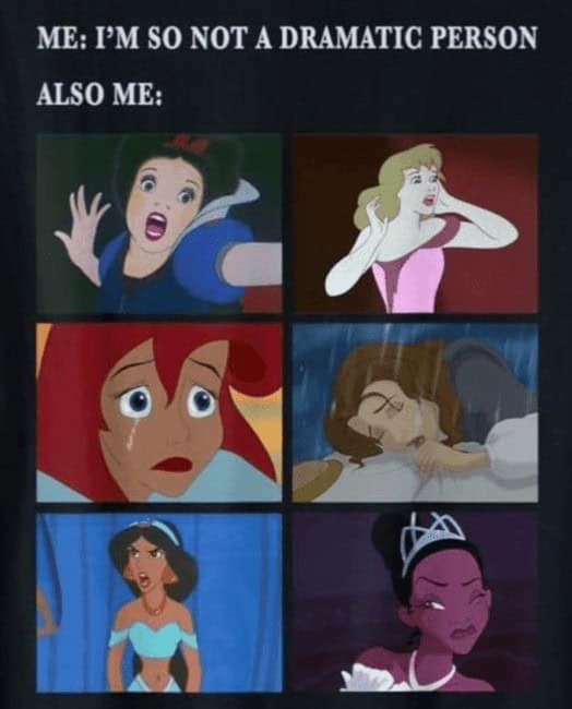 Grid of six dramatic Disney princess reaction shots (Snow White, Aurora, Ariel, Belle, Jasmine, Tiana).