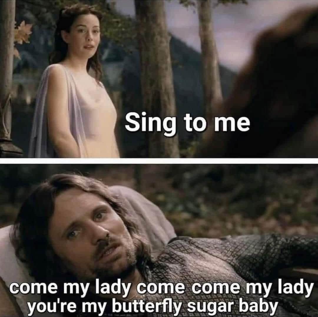 Elf-like woman stands over a resting warrior in the woods; in the next panel he answers her with a cheeky pop-song lyric.