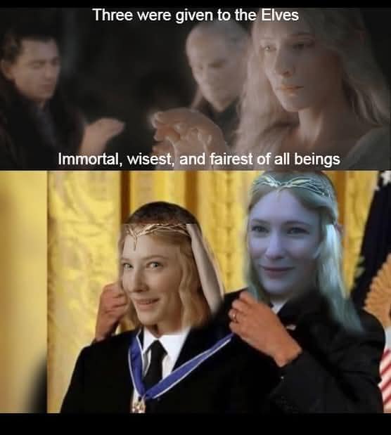 Top: solemn fantasy prologue with rings for elves. Bottom: the same elegant woman awards a medal to… herself in a crown.