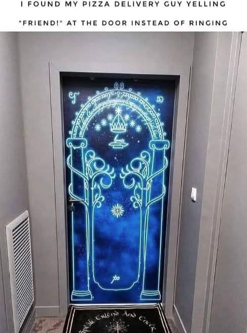 Apartment door painted as a glowing rune arch with trees and stars, recalling a secret entrance from a fantasy saga.