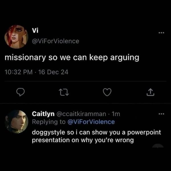 Meme of a tweet thread about arguing in missionary vs. doggystyle with a PowerPoint reference