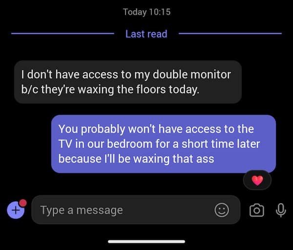 Text message meme with a playful sexual innuendo about waxing floors vs. waxing that ass