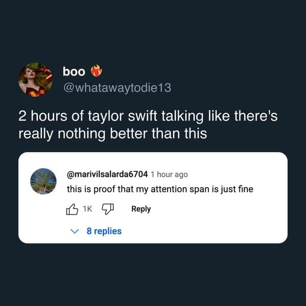 Tweet praising a two-hour interview, a staple in Taylor Swift new album memes about attention spans