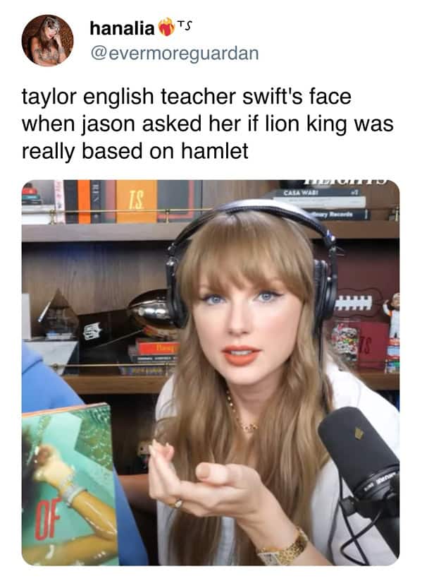 Podcast studio screenshot fueling Taylor Swift new album memes, with a blonde singer reacting to a lit-class question