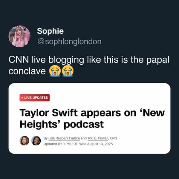 Tweet roasting wall-to-wall coverage as outlets live blog the appearance, central to Taylor Swift new album memes