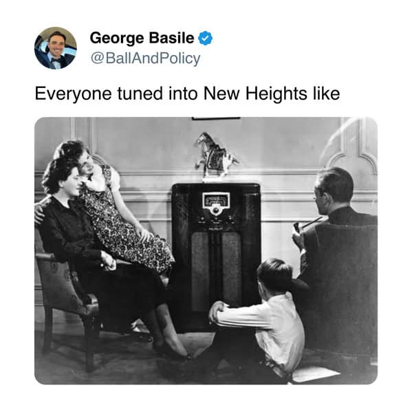 Black-and-white family huddled by a radio, reused in Taylor Swift new album memes about tuning into the podcast