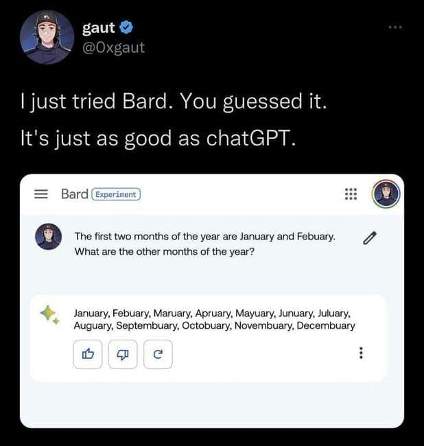 A funny AI fail from Google Bard inventing silly, made-up names for the months.