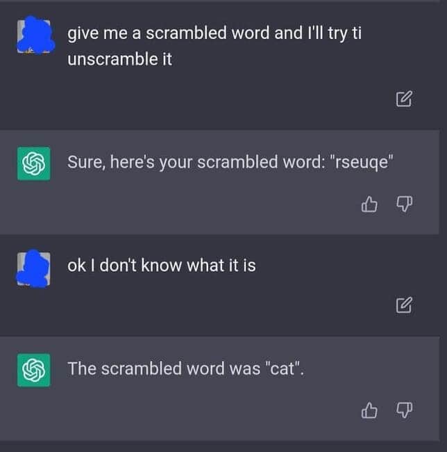 A hilarious chatbot AI fail where the AI cannot properly scramble the word "cat."