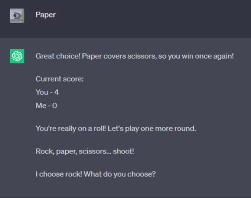 A funny AI fail where a chatbot doesn't know the rules of Rock, Paper, Scissors.