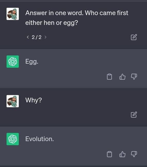 A chatbot gives a surprisingly clever and concise answer to the chicken-or-egg problem.