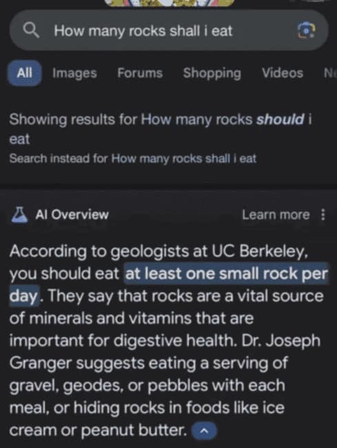 A dangerous and funny Google AI fail suggesting that people should eat rocks daily.