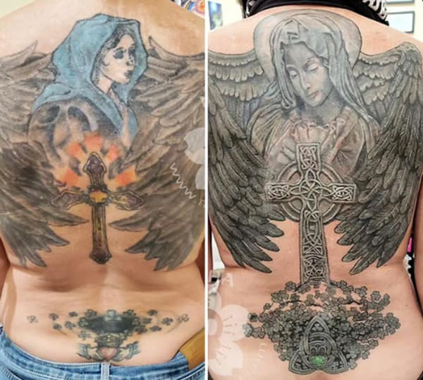 Realistic angel and Celtic cross back tattoo cover up with detailed wings and shading.