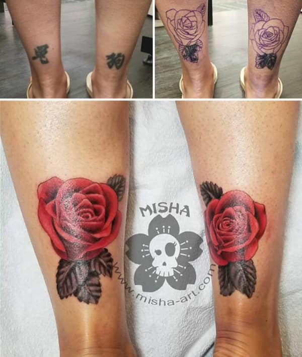 Realistic red rose calf tattoo cover up replacing small black script designs.