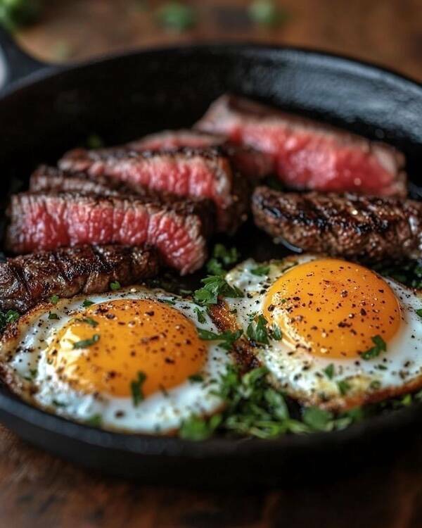 Cast-iron skillet with medium-rare sliced steak and two sunny-side eggs topped with herbs
