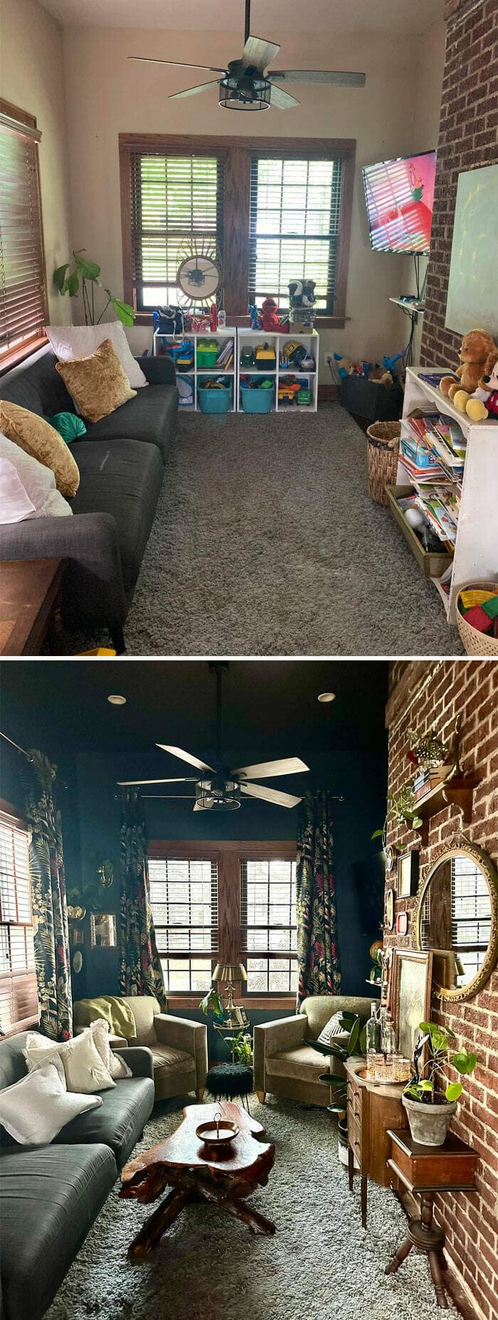 Amazing home decor pictures: before-and-after living room makeover from toy room to moody, cozy lounge