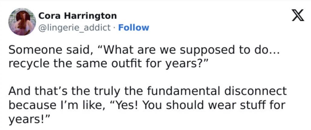 An anti consumption meme tweet pushing back against fast fashion and throwaway culture.