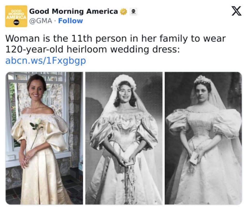 An anti consumption meme showing a family passing down a 120-year-old wedding dress.
