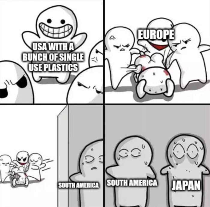 A funny anti consumption meme criticizing the USA's use of single-use plastics.