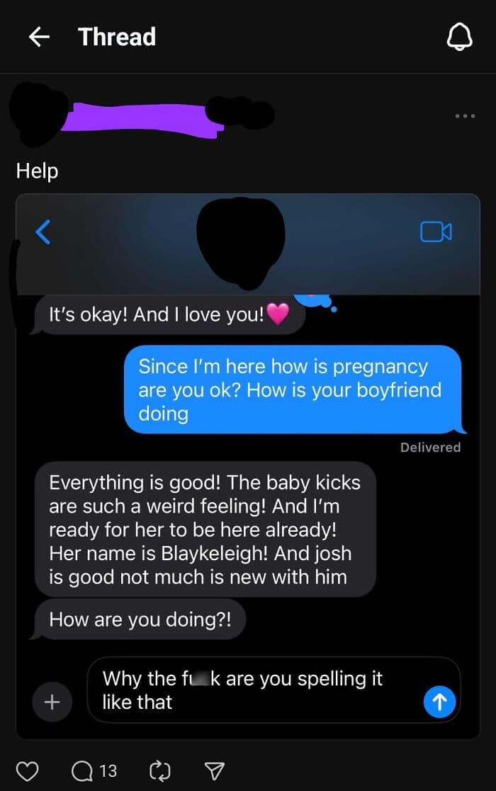 A text message screenshot of a blunt and funny reaction to the "tragedeigh" baby name "Blaykeleigh."