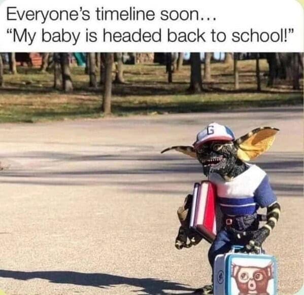 Gremlin kid in cap lugging books and lunchbox—adorably cursed back to school memes vibe