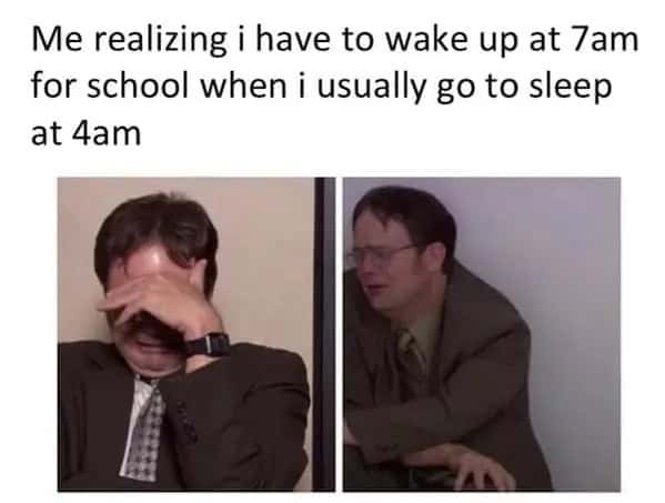 Office worker facepalm realizing 7 a.m. alarms after 4 a.m. nights—painfully accurate back to school memes.
