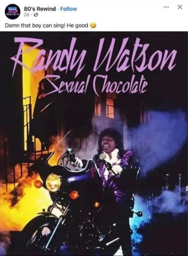 A "Sexual Chocolate" album cover of Randy Watson photoshopped to look like the artist Prince.