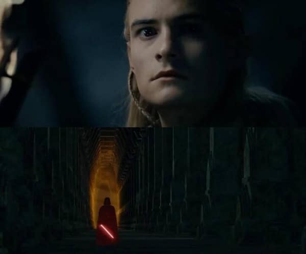 A photoshopped image of Legolas from Lord of the Rings seeing Darth Vader down a hall.