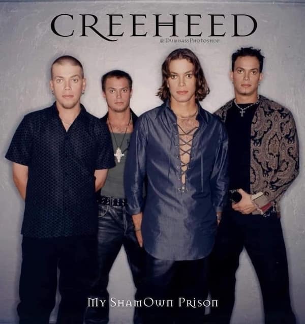 A photoshop fail of the band Creed, but every member has lead singer Scott Stapp's face.