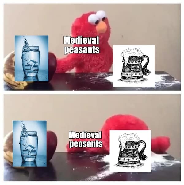 Elmo violently swipes a glass of water off a table in favor of a beer mug labeled "Medieval peasants."