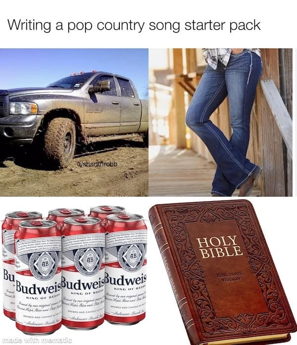 Starter pack collage featuring a muddy truck, tight jeans, Budweiser, and a Bible.