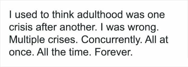 A text meme about the crises of adulthood.
