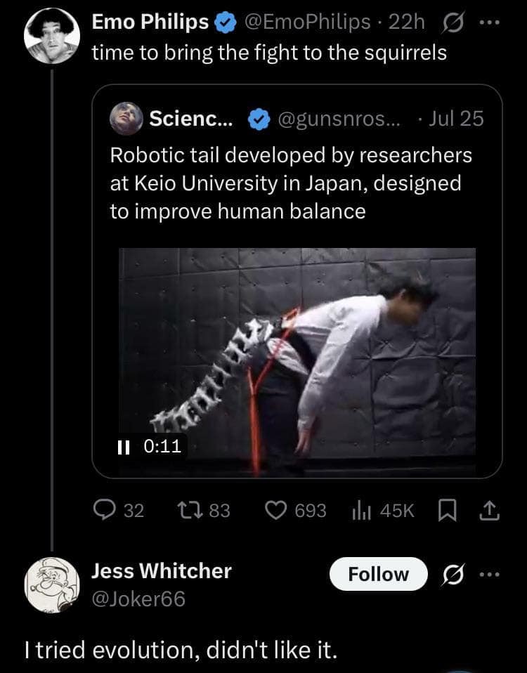 Tweets about a robotic tail for humans; one quips about fighting squirrels, another says they tried evolution and disliked it.