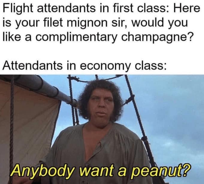 A budget travel meme using 'The Princess Bride' to compare the luxury of first class with economy.