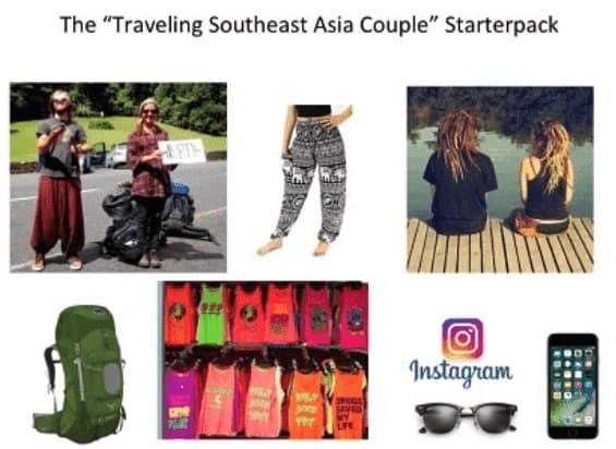 A budget travel meme showing the "Traveling Southeast Asia Couple" starter pack, including elephant pants.