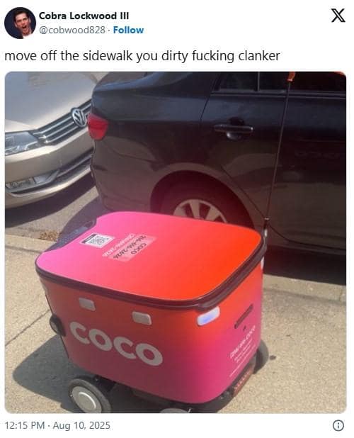 Tweet scolds a pink delivery robot blocking the sidewalk, captioned insult.
