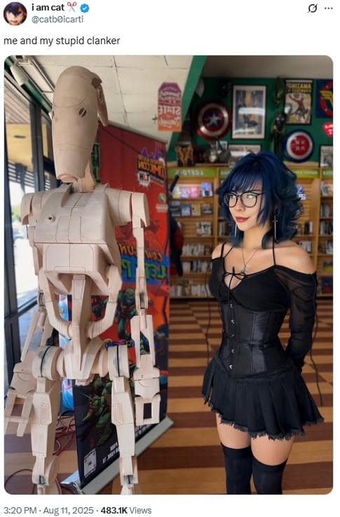 Cosplayer poses beside tall tan battle droid with captioned quip.