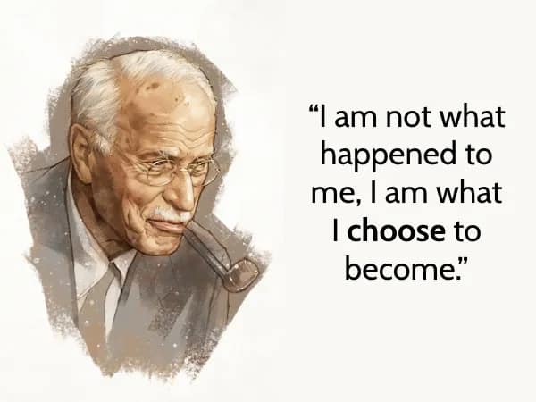Watercolor sketch of Carl Jung with glasses and a pipe beside the quote, “I am not what happened to me, I am what I choose to become.”